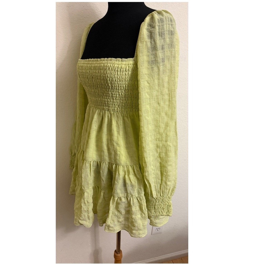 Urban Outfitters Lime Green Smocked Tiered Mini Dress Long Sleeve Small Lined - Picture 4 of 5